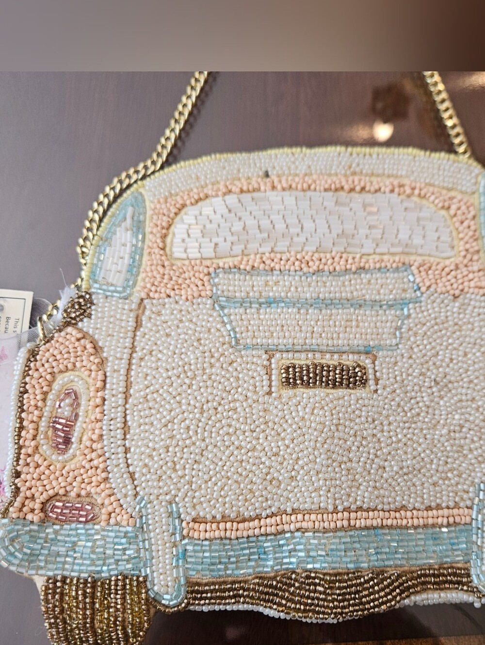 Handcrafted Cream & Blue Beaded Just Married Car Crossbody Bag - Picture 6 of 6